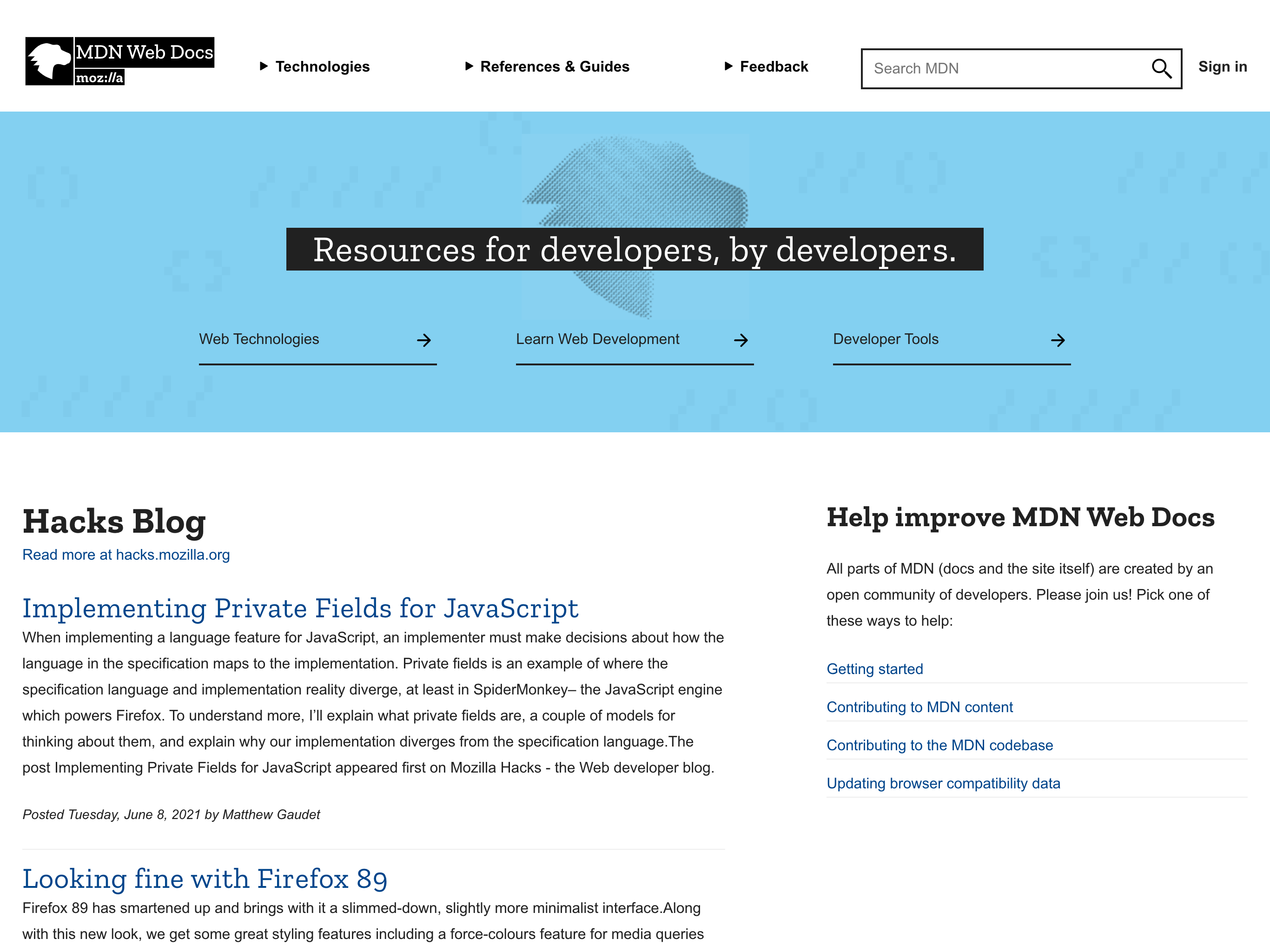 Screenshot of the Mozilla Developer Network homepage
